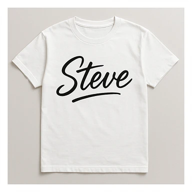 a shirt with 'Steve' in a handwritten script sticker