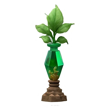 symbolic dirt humus in a bottle sculpture symbolizing Capricorn with a geometric, faceted design. The bottle is standing upright with angular and baroque features. The vibrant deep green plants colors highlights the sharp edges and planes.  sticker