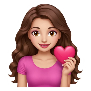 girl with long wavy brown hair, brown eyes, long lashes makeup, sexy pink lips, light to medium complexion, wearing a pink sexy top, smiling, holding a big heart sticker