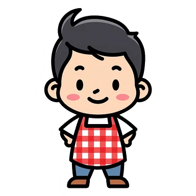 chubby boy with black hair styled upward in front, wearing a red and white checkered plaid apron sticker