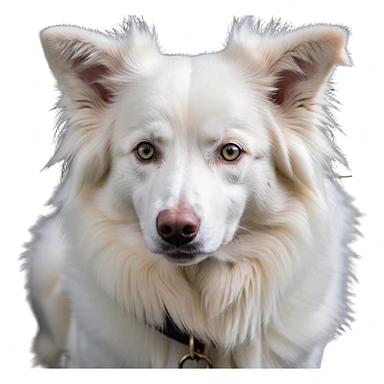 A pure white Border Collie dog sitting, with fluffy fur, alert pointed ears, and friendly expression sticker