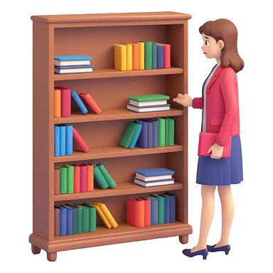 a sad woman looking at a small bookcase sticker