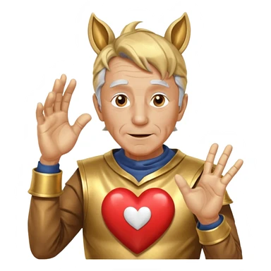 An elderly man with golden skin, his body shining like polished metal, wearing a horse cosplay costume with horse ears and a tail. He is making a heart shape with his hands and blushing slightly, showing a shy and embarrassed expression. sticker