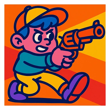 boy character with pink skin, blue hair, a hat, and a gun pointed forward, bold and playful style, vibrant colors sticker