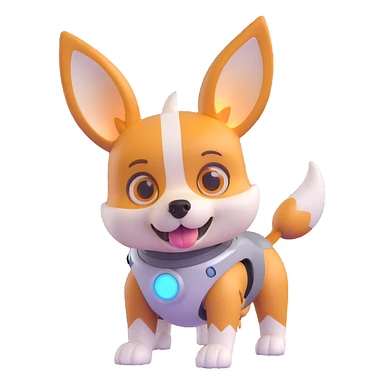 cute dog robot with pointy corgi-like ears, soft rounded body, glowy eyes and joints, friendly futuristic vibe, playful, slightly cartoonish, colorful with glowy accents, highly expressive face and posture, reaction angry sticker