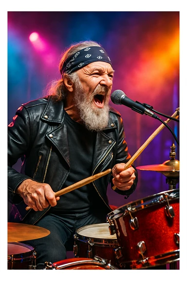 an elderly rock musician drummer singing with gray beard, bandana, leather jacket, playing drums, microphone, dynamic pose, colorful stage sticker