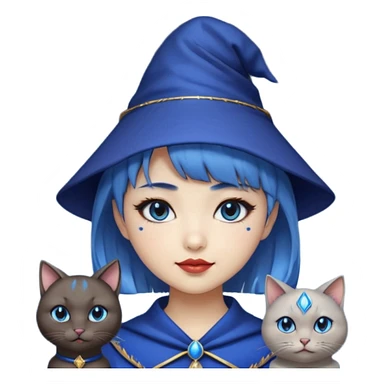 an asian short haired girl with electric blue highlighted short hair with bangs, with her silver left eye and dark brown right eye, with black cat eyed style eyeliner, and smirk of natural toned lipstick, with wizard hat with moon emblem on his hat. sticker