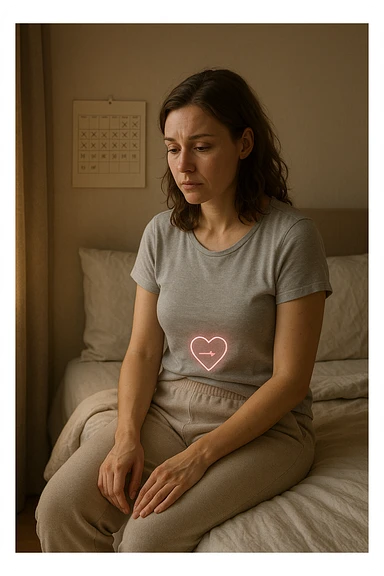 3D realistic medical illustration: a young woman in her 20s or 30s sits on the edge of a bed in a softly lit bedroom, looking thoughtful and slightly concerned. She wears comfortable loungewear, her posture is slouched, and her expression is subdued. Subtle visual cues—such as a faded calendar with missed menstrual cycles and a dimmed heart or energy icon near her abdomen—symbolize low libido and amenorrhea. The scene is realistic, intimate, and empathetic. sticker
