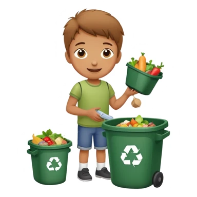 child putting food waste in a dustbin, cheerful and responsible sticker