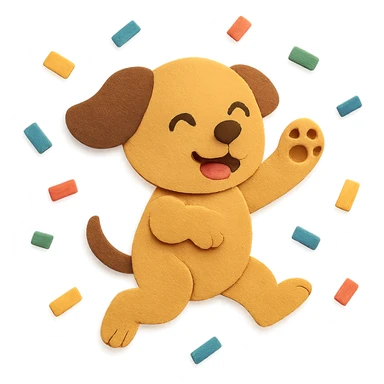 highly detailed, high quality paper craft style illustration of a puppy jumping through confetti with a paw up in celebration, intricate textures, soft lighting, delicate cut-paper details sticker
