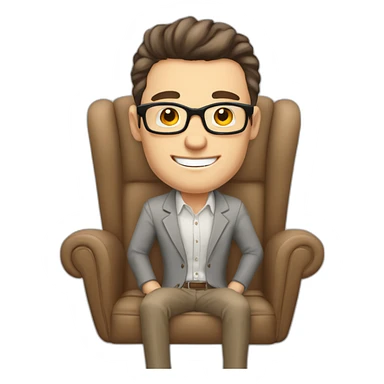 Joyful Pale skinned Fit Man With dark brown hair in gray jacket, beige office shirt, Brown pants and vintage glasses sitting In a soft chair. His thrumbs up sticker