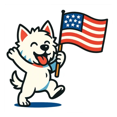 white Westie dog joyfully waving a United States flag, sense of celebration, vibrant toon style sticker