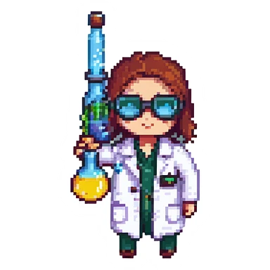 chemist in lab coat with chemical goggles holding a test tube, background with a board of chemical elements, pixel art style, no text sticker