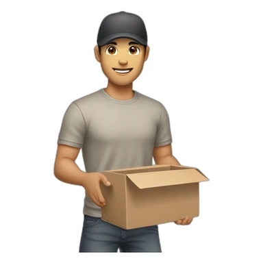 Tan skinned fit Man with black hair in a dark gray cap, gray jeans and beige polo T-shirt keeping a pasted box into his hands sticker