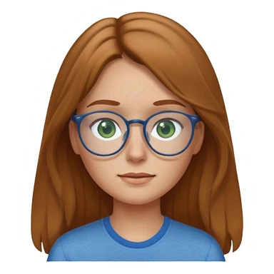 Create an emoji of a girl with light brown hair long length hair, green eyes, freckles, glasses and wearing a blue shirt sticker