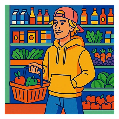 Justin Bieber at a grocery store, holding a shopping basket, vibrant toon style sticker