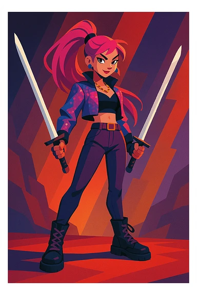 Zoey, K-pop star and demon hunter, dual swords, dramatic lighting, confident stance, modern fantasy style sticker
