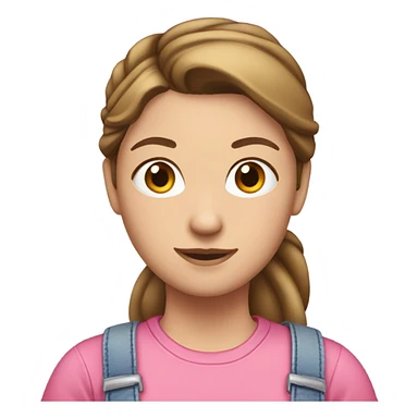 A white woman with brown hair in pony tail wearing pink headband, pink t shirt and overalls  sticker