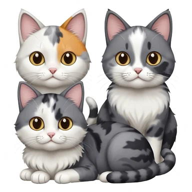 3 different coloured small cats including a dark grey and white, and a patchy calico and a solid grey with only white paws sticker