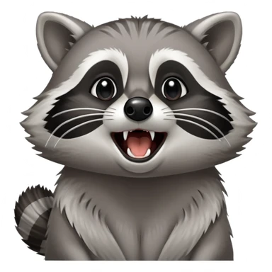 Cinematic-Noble- Yawning Raccoon-Portrait-Emoji – Poised and confident, wide-open yawn, revealing a soft grey with a sturdy build and a beautifully textured fur of silver-grey accented by dark black facial markings, deep-set, big black eyes, simplified yet sharp and sophisticated zoom out to show shoulders sticker