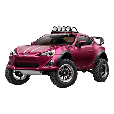 Extended wheelbase 2013 scion fr-s black cherry off road 4wd monster Baja dessert stadium racer number 86 with long travel suspension, shiny silver wheels, exaggerated black fender flares  sticker