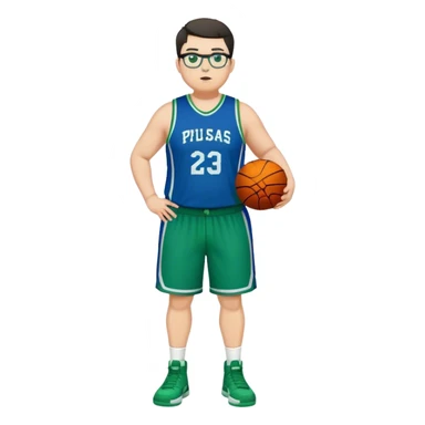 Full Body plus size white male with dark short hair basketball player wearing glasses wearing blue green uniform sticker