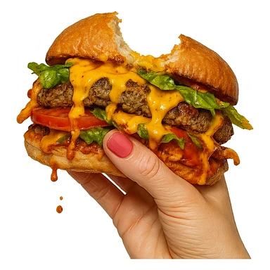 a messy sandwich with a bite taken out, hand with pink fingernails holding it sticker