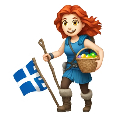 Greek Female winter mountaineer red hair white skin climbing with Greek Flag and Easter eggs basket sticker