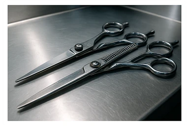 A set of professional barber scissors lies on a stainless steel workbench, gleaming under the bright lights. The blades are sharp and precise, with smooth handles showing signs of frequent use, ready for the next cut sticker