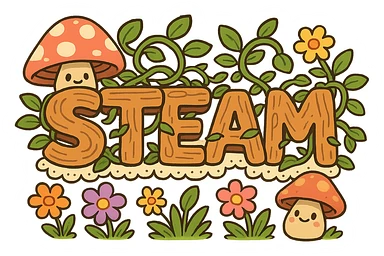 cartoon-style cottagecore Steam logo: chunky soft wood and vines, big lace trim, smiling mushrooms, colorful flowers, bright playful colors, no text sticker