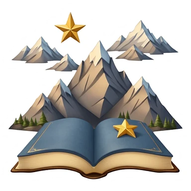 three mountain peaks of gray color, above each of the peaks there is a golden star, in front of the mountain peaks there is an open book sticker