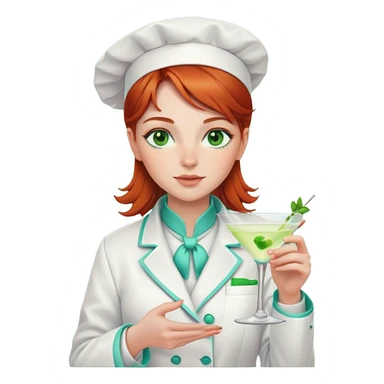 Redhead girl Chef with green eyes wearing a white coat with aqua trim drinking a martini sticker