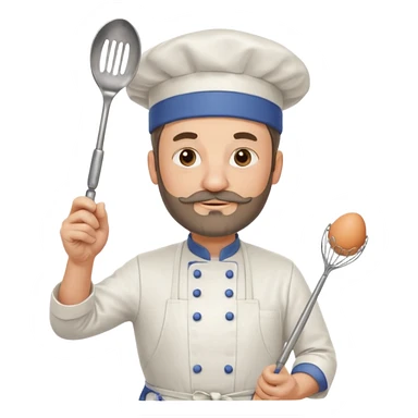 Middle aged male pastry chef - with a small beard, apron, white hat, holding an egg beater in his right hand, and his left hand naturally hanging down to his side sticker