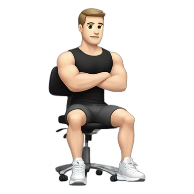 Pale skinned Fit Man With the biceps and dark brown hair in black shirt, gray sports shorts and white Sneakers Sitting on a chair sticker