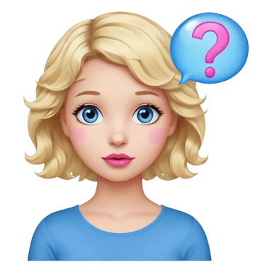 Girl Blonde short wavy hair,  blue eyes, cute blue top, long lashes, pink lips, question mark bubble sticker