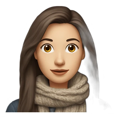 white female data science engineer with dark brown straight long hair in a tech startup wearing woolly scarf and wearing a coffee mug - only headshot sticker