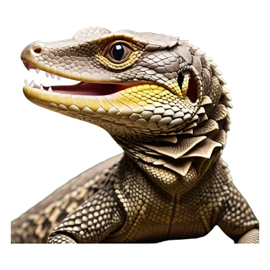 Cinematic Cute Yawning brown camo spotted monitor Lizard Portrait Emoji, Head tilted slightly with a dramatic, wide-open yawn, showcasing textured, patterned scales and sleepy, half-closed eyes exuding relaxed charm, Simplified yet irresistibly adorable features, highly detailed, glowing with a soft, cozy glow, high shine, relaxed yet expressive, stylized with a dash of whimsical wildness, soft glowing outline, capturing the essence of a drowsy yet affectionate reptile that appears ready to stretch out for a nap! sticker