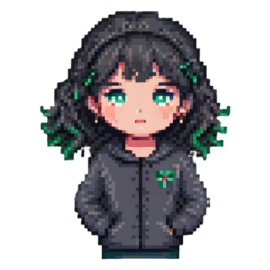 shy girl tucking her hair behind her ear, pixel art style sticker