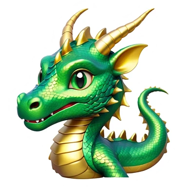 Cinematic Cute Dragon Portrait Emoji, Head tilted playfully and inquisitively, featuring a sleek, serpentine form adorned with iridescent scales that shift between emerald and gold, a delicate set of subtle horns, and round, sparkling eyes full of curious magic; rendered with realistic detail and warm natural light, high shine, affectionate and enchanting, styled with a touch of whimsical fantasy, soft glowing outline, capturing the essence of a mischievous yet lovable dragon that seems poised to slither playfully into your arms! sticker
