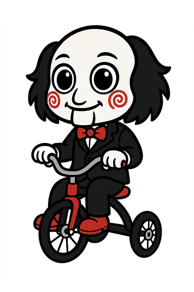 Saw puppet, simplified cartoon style, big eyes, red spirals on cheeks, black suit, red bow tie, sitting on a tricycle sticker