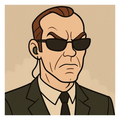 close-up face of cartoon Agent Smith from The Matrix, sunglasses, earpiece, exaggerated features sticker