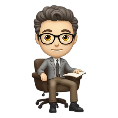 Pale skinned Fit Man With dark brown hair in gray jacket, beige office shirt, Brown pants and vintage glasses sitting In a soft chair with a notebook on spring with emblem Ψ and a pen sticker