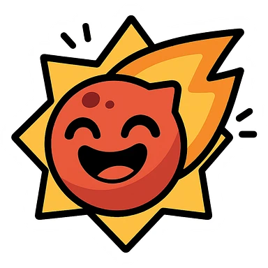 Brawl Stars pin of a smiling meteor with a fame aura, bold outlines, playful expression sticker