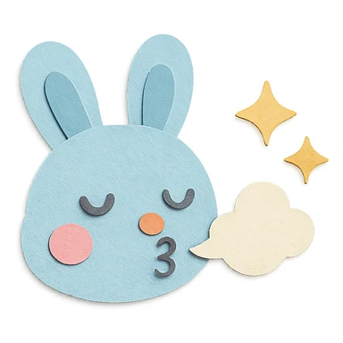 pastel blue bunny with cloud, blowing a kiss with sparkles, paper-craft style sticker