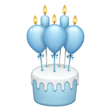 Please make some balloons that are light blue, and place a small cake underneath them. Make the balloons long and make more balloons. sticker