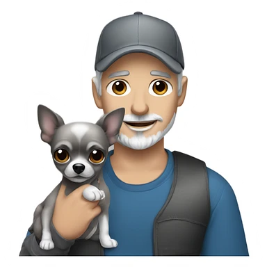 man blue eyes gray hair gray goatee ball cap holding black longhair chihuahua  sticker