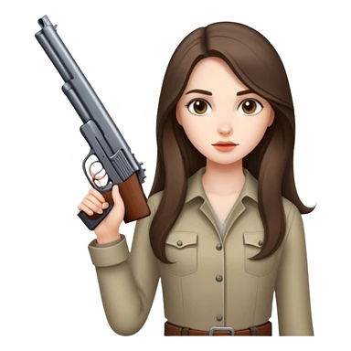 beautiful pale brunette girl with long hair with a short gun sticker