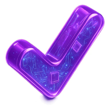 A glowing neon purple cyberpunk style checkmark icon with a holographic pattern, futuristic design sticker