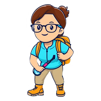 Very cheerful excited woman in her 40s with glasses wearing sporty outfit, hiking boots, and backpack, holding a magnifying glass with big smile sticker