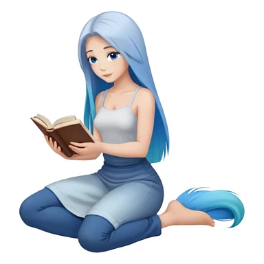 Anatomy of woman's very bare body scheme anatomy-bare shoulders and blue eyes-very long straight blue hair ombre-kneeling-front-leaning back and reading book sticker